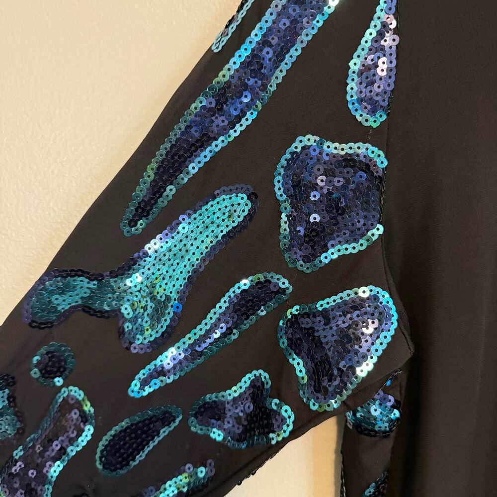 Joan Boyce Blouse Womens XL Black Blue Sequin Embellished Evening Comfy Stretch - Picture 5 of 6